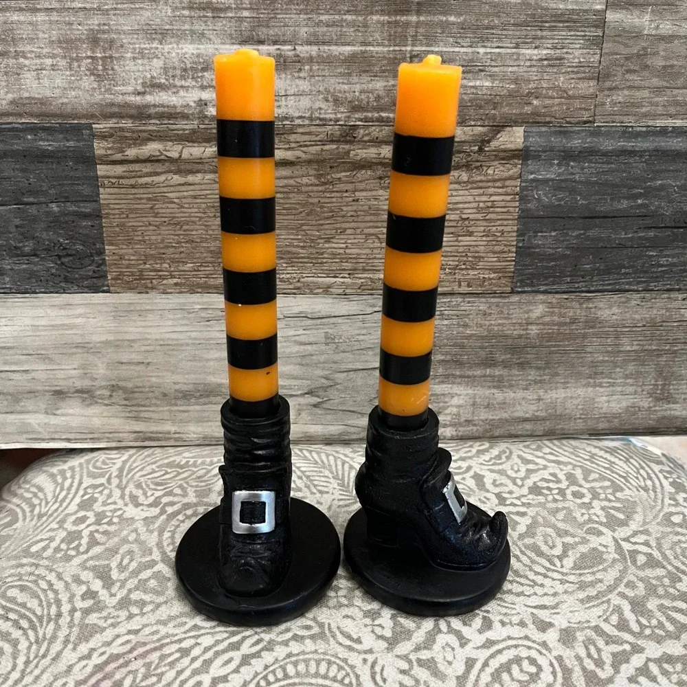 Halloween Witch Leg Taper Candles Orange Black Striped Boot Base Set of 2